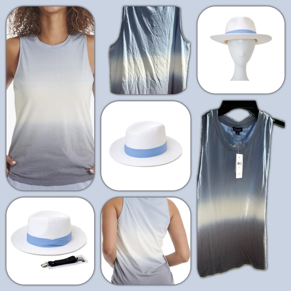 X-Large Splendid Women's Peri Dip Dye Crew Neck Cotton Tank Top and Panama Hat